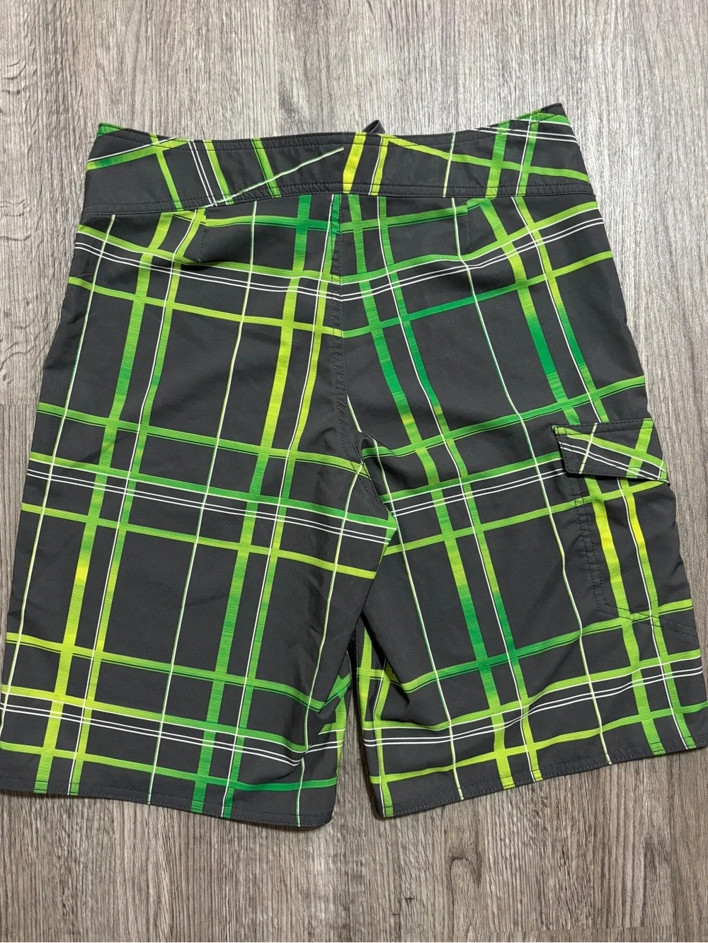 Mossimo Supply Co Board Shorts Mens 32 Dark Gray Green Plaid Swim Surf Beach